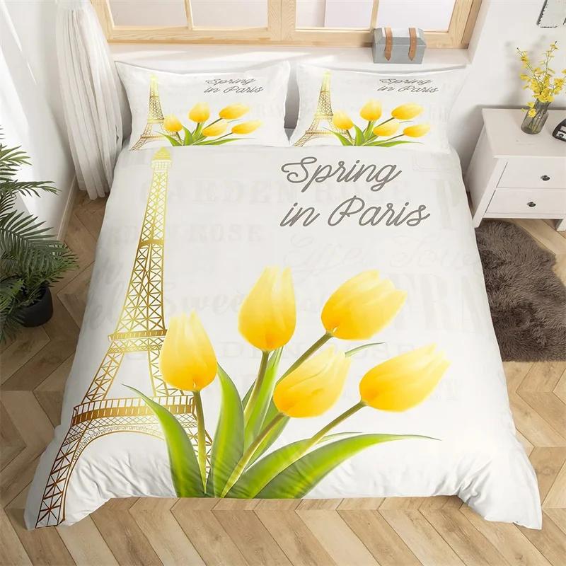 Paris Eiffel Tower Duvet Cover Set Twin King Cherry Blossoms Comforter Cover Microfiber Romantic Theme Bedding Set For Girl Teen