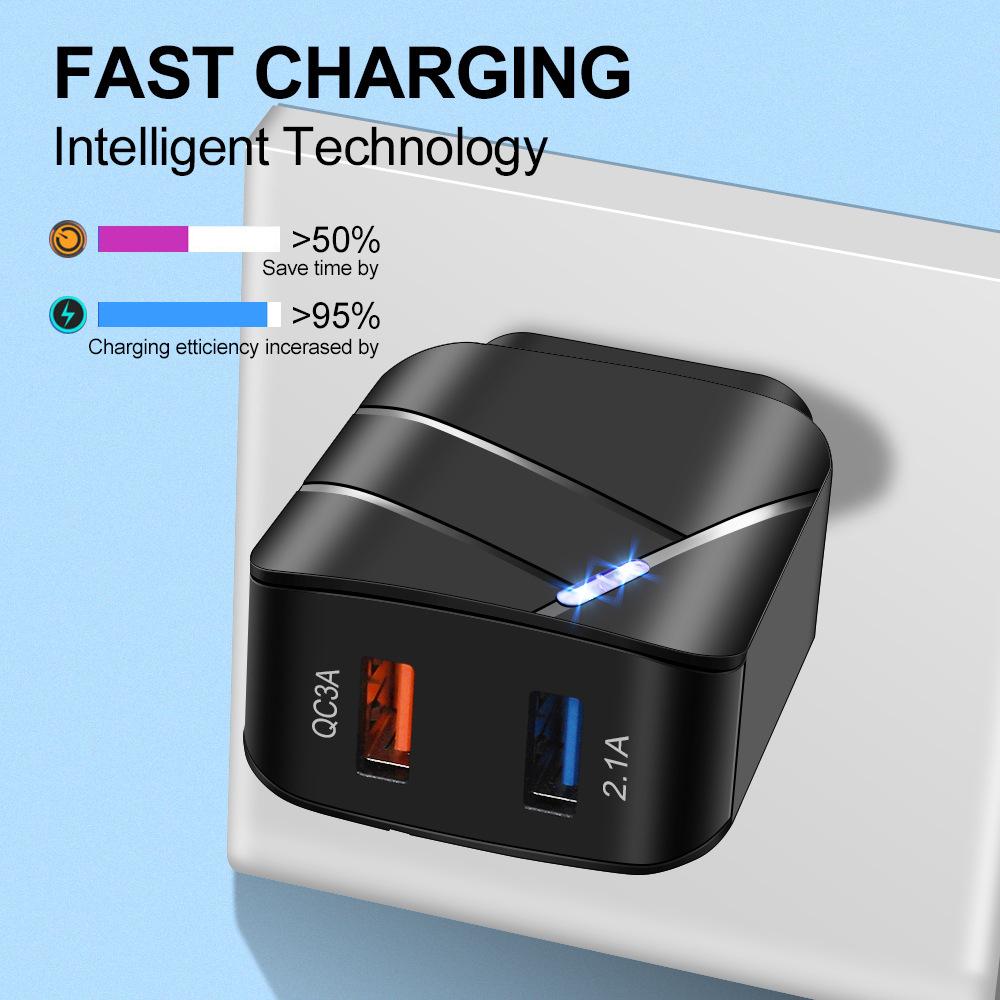 Двухпортовое USB-зарядное устройство: Многопортовое быстрое зарядное устройство QC3.0 и 2.1A, дорожный адаптер, совместимый с US/EU