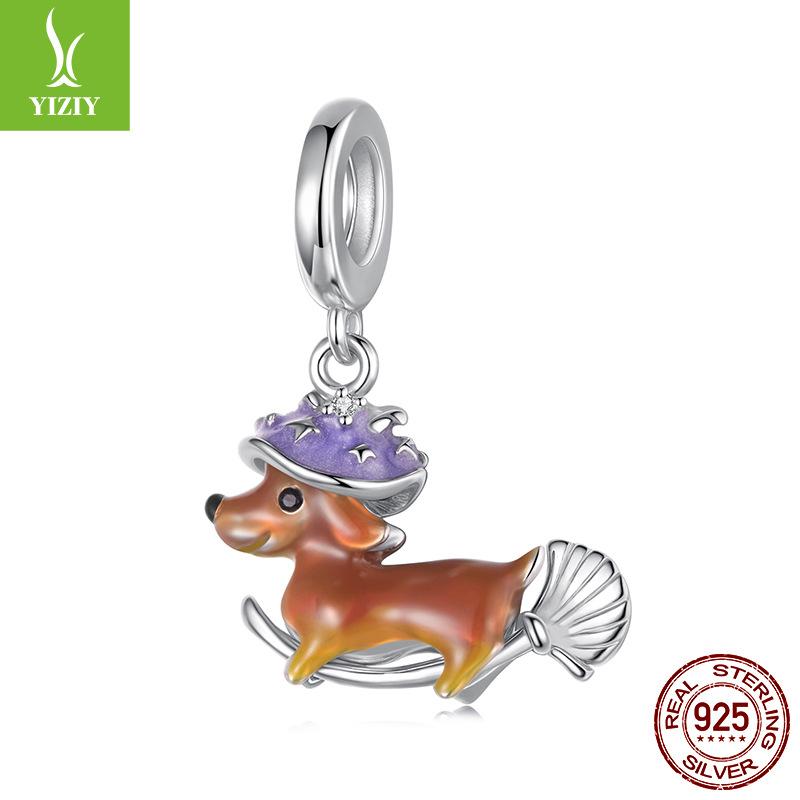 Halloween Magic Dachshund Pendant Accessories Personalized Cute Broom S925 Sterling Silver Beaded