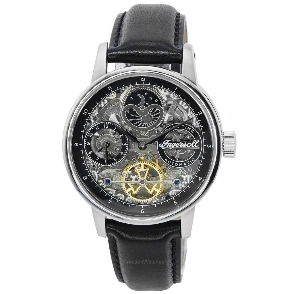 Ingersoll Мужские часы Jazz Sun and Moon Phase с кожаным ремешком, скелетонизированным серебряным циферблатом I07701