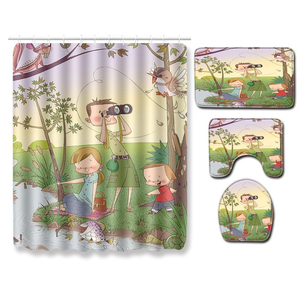 Fashion Textured Bathroom Shower Curtain Floor Mat Toilet Cover Foot Mat Four-Piece Set