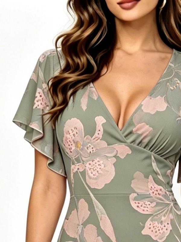 French Style Sage Green Pink Floral Print V-Neck Dress, High Waist Elegant Maxi with Flutter Sleeves for Daily & Date