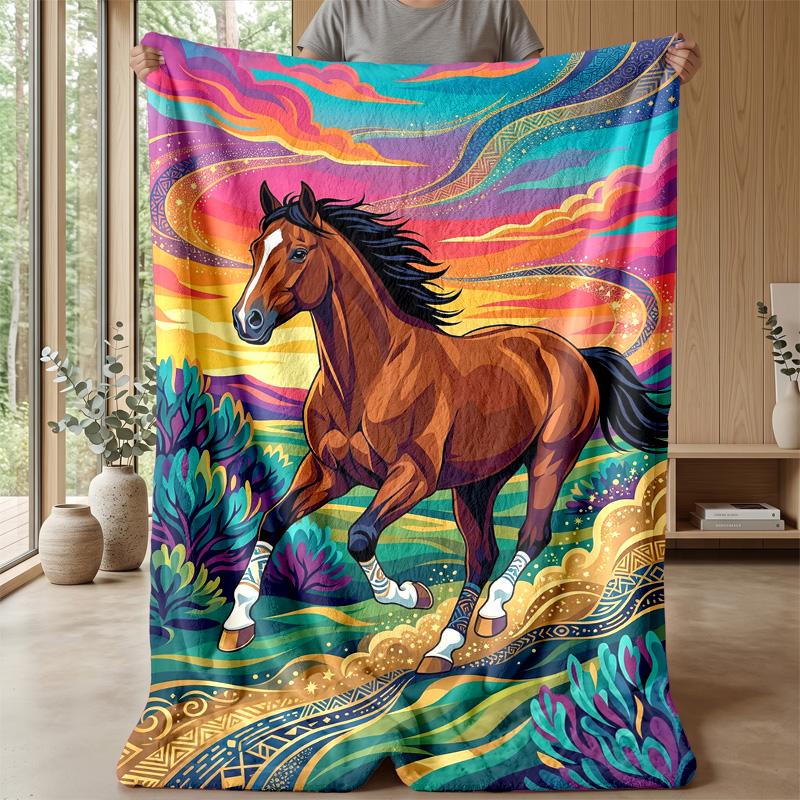 Golden Horse Journey Theme blanket Lightweight Warm Flannel Blanket Decorative Throw Blanket for Home Decoration