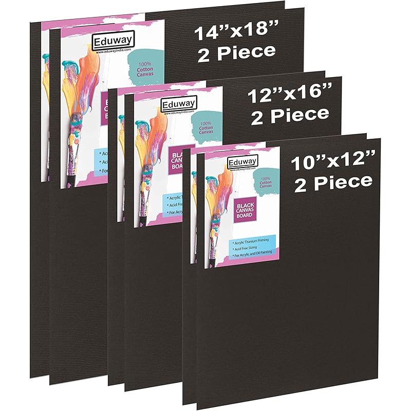 Eduway Medium Grain 10x12, 12x16, 14x18 inch Cotton Black Canvas Board (Each 2 Pieces) with 4mm MDF Board Backing, for P