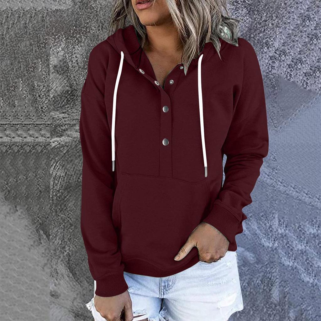 Женские пуловеры с капюшоном Топы Повседневные толстовки на пуговицах с длинным рукавом и карманом
