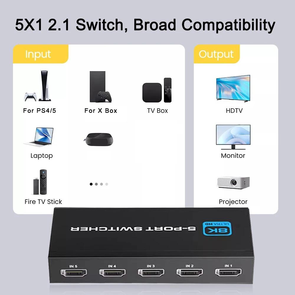 Q8Q5 HDMI 2.1 Switch 5 In 1 Out 8K 60Hz 4K 120Hz High Refresh Rate Switcher for Gaming Home Entertainment