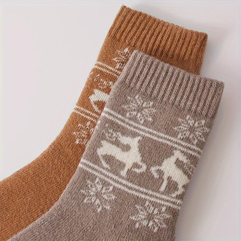 5 Pairs Women Thermal Wool Winter Socks - Christmas Reindeer & Snowflake Design, Thick Warm Mid-Calf Elegant Casual Socks, Comfortable Sock Material