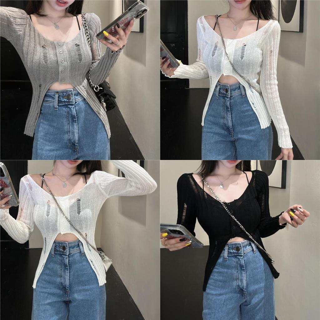 Sheer Knit Sweater With Hollow Out Pattern For Autumn Casual Wear
