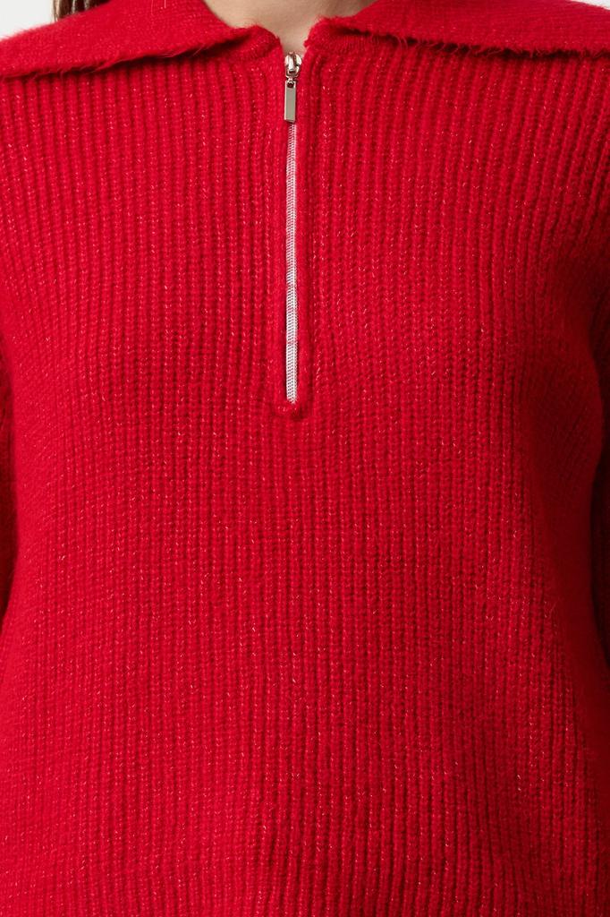 Women's Fashionable Stylish Sweater Red Wool Wide Fit Turn-down Collar Zippered Knitwear Sweater