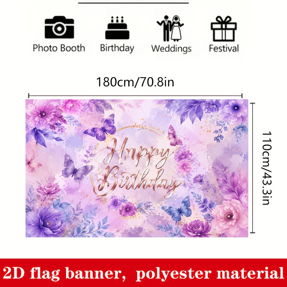 2D Flat Banner, Purple Floral Butterfly Happy Birthday Backdrop, Golden Gradient Ring, Pink Purple Watercolor, Polyester