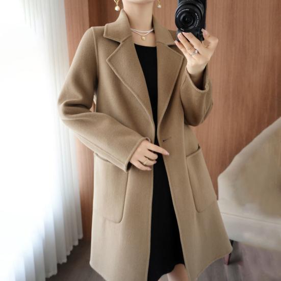 Женская куртка с двойными карманами, лацканами, однотонное шерстяное пальто на одной пуговице, большой размер, свободное теплое с длинными рукавами, для поездок на работу и свиданий, весна-осень