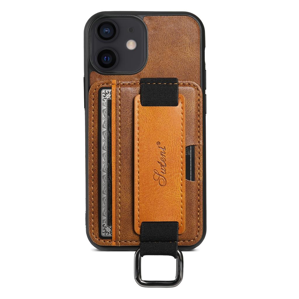 SUTENI H13 Чехол-держатель для карт для iPhone 12 mini 5,4 дюйма с ремешком на руку, подставкой, кожаным покрытием, ПК+ТПУ чехол для телефона