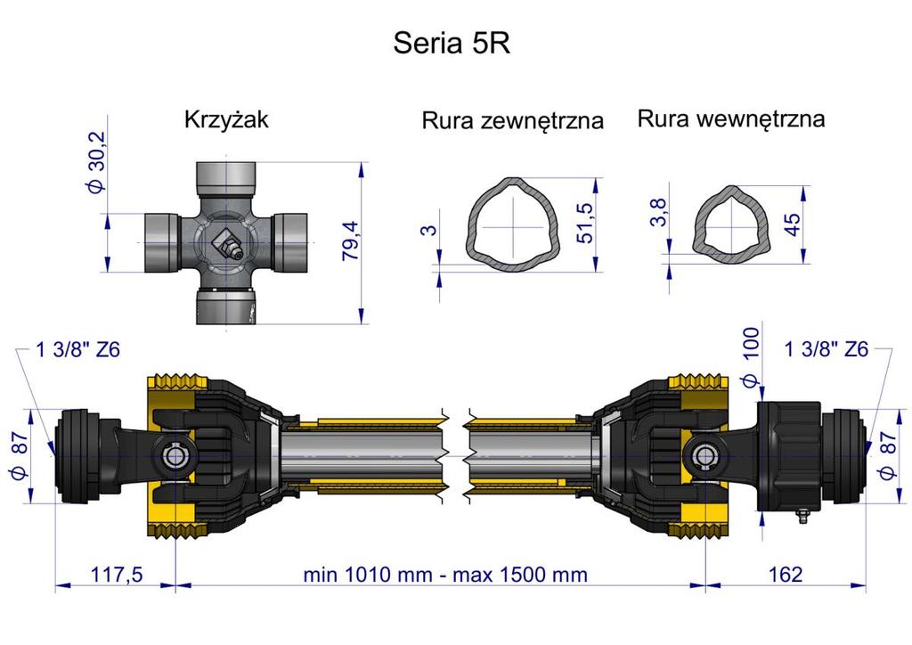 Wał Przegubowo-Teleskopowy 1010-1500Mm 620Nm Sprzęgło Jednokierunkowe 60270 Ce 2020 Seria 5R Waryński