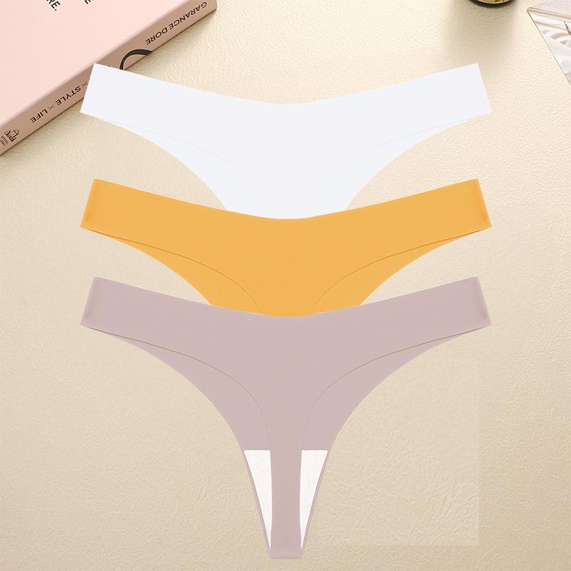 3PCS Seamless Thong Women Ice Silk T-back Intimate Solid Breathable Crotch Briefs Sexy Tanga Multiple 10 Color Lingerie