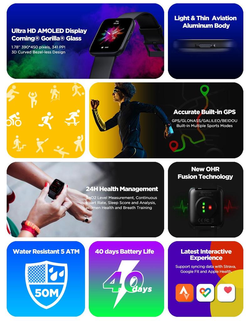 Zeblaze Умные часы Beyond 2 с GPS, 1,78-дюймовый AMOLED-дисплей, встроенный GPS, 24-часовой монитор здоровья, 200+ циферблат, умные мужские часы