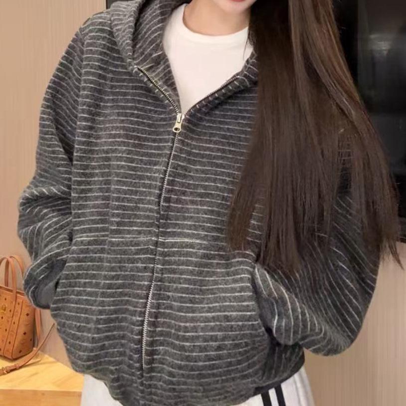 Женская куртка-кардиган на молнии с капюшоном в полоску, ранний осенний стиль - Нишевый ленивый стиль, Повседневная свободная кофта