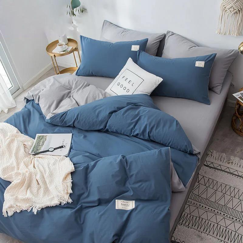 Современный простой комплект постельного белья из чистого хлопка, однотонная однотонная двуспальная кровать из четырех частей