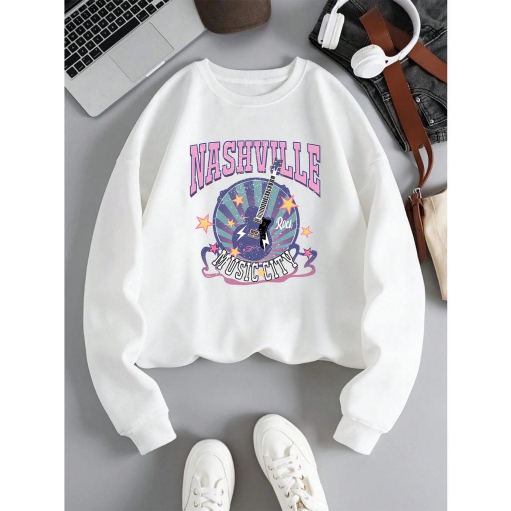 Street Woman Pullover Nashville Music Cith Poster Printing Hoodie Crewneck Loose Fleece Soft Sweatshirt Autumn Female Clothes