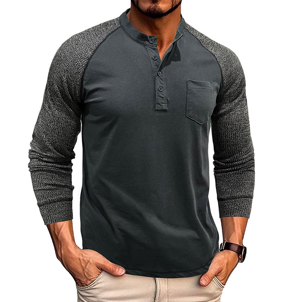 Men's Round Neck Ribbed Long Sleeved Bottoming Shirt Tough Guy Contrast Color Retro Button Men's T-shirt Top