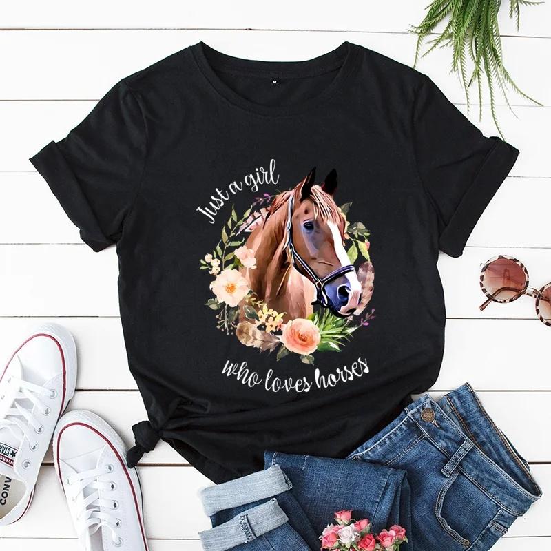 Just A Girl Love Horse Unisex T Shirt Summer Short Sleeve O Neck Tshirts Horse Animal Print Lady Clothes Tee Top FeUnisex T-shirt