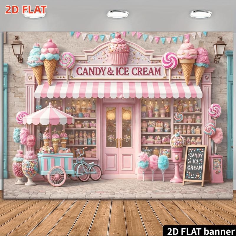 2D flat banner, 1 piece of CANDYICE CREAM candy and ice cream store-themed background fabric.
