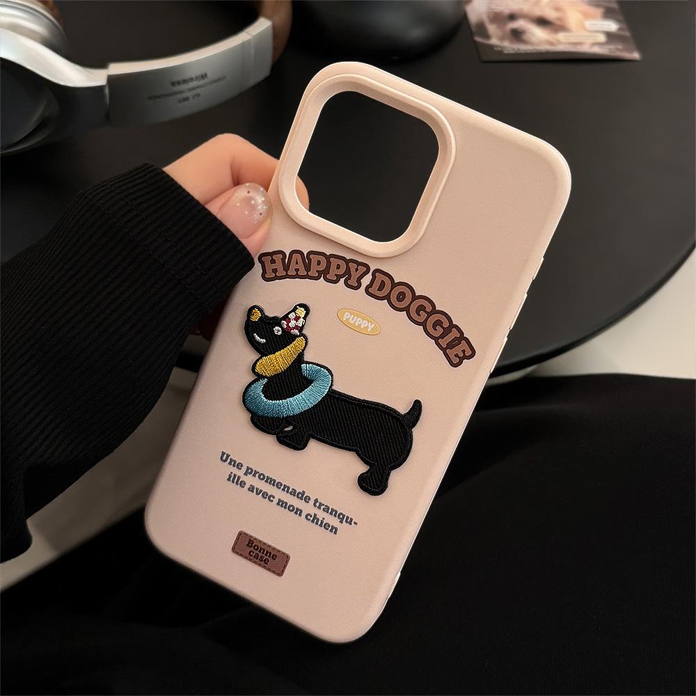 Dachshund Dog Embroidered Apple 16 Mobile Phone Case Ins Style Three Dimensional IPhone 17 Suitable for 13 Korean 15pro Max Soft