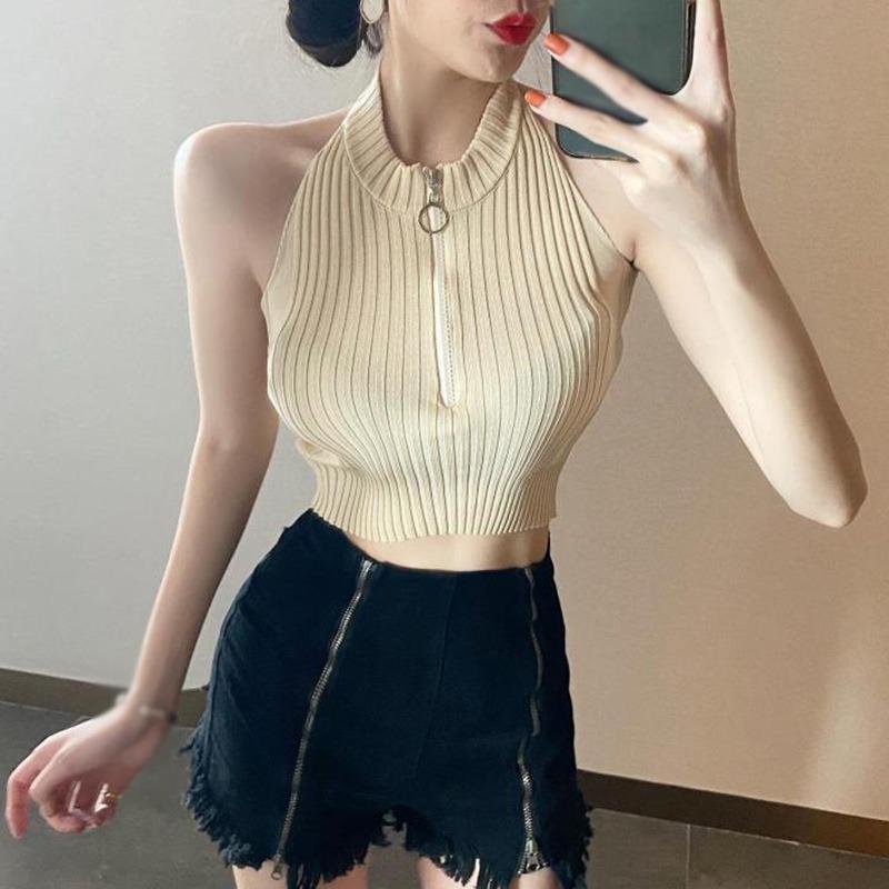 Женский укороченный топ, корсетные топы, вязаный жилет, топ без рукавов с плотной застежкой-молнией