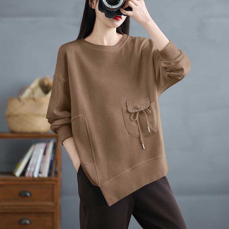 Dimanaf 2025 Новая осень Женская Свободная Повседневная однотонная футболка с круглым вырезом и карманами на пуговицах с длинным рукавом Новый пуловер