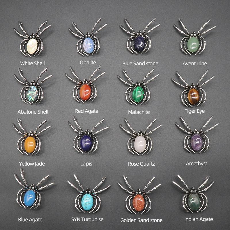 Alloy Inlaid Natural Crystal Agate Spider Brooch Pendant, Shell Gemstone 2-in-1 Pin for Women