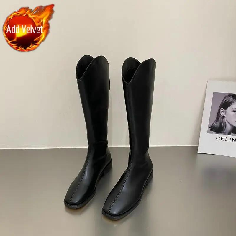 Fashion Knee High Shaft Shoes Woman Square Toe Black Leather Long Boots for Women Elegant with Low Heels On Promotion Designer Luxury Pu