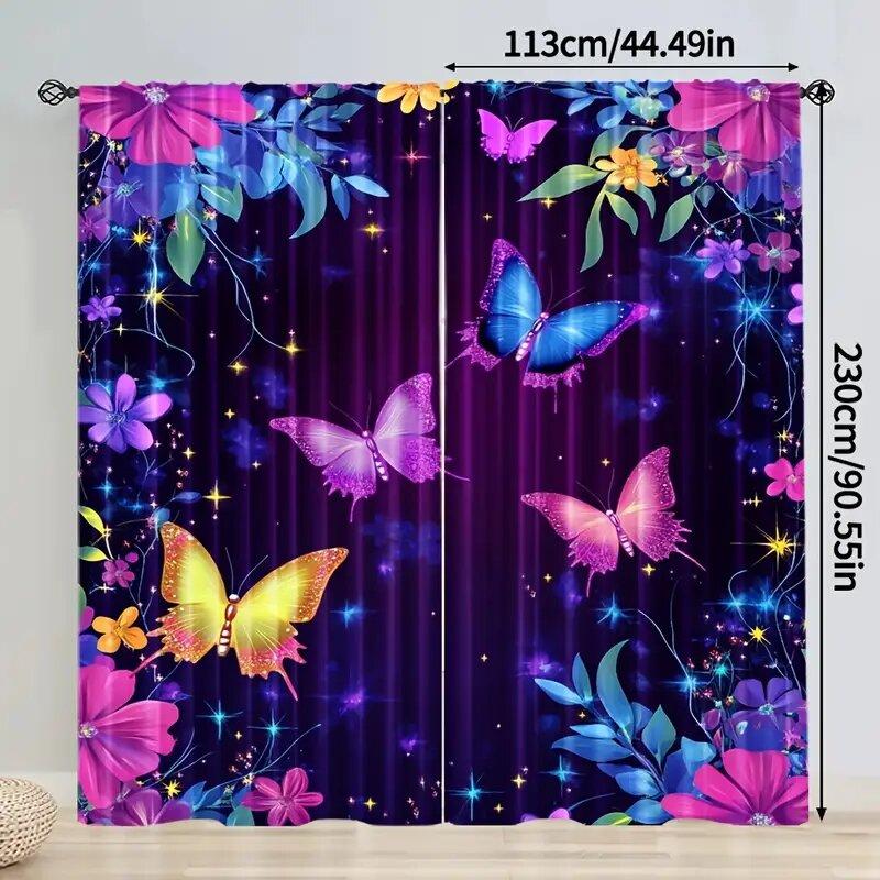 Blue And Purple Butterfly Print Curtains, Pole Bag Curtains, 42*84, Bedroom And Living Room, Home Decoration, Room Decoration