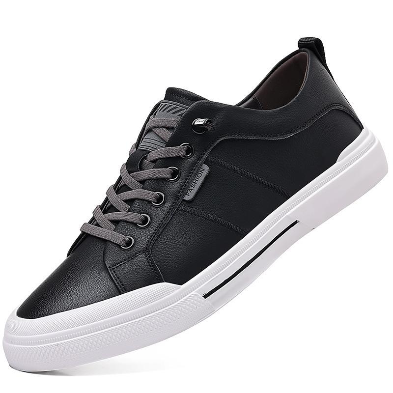 Casual Leather Shoes Men's 2025 Spring and Autumn Models Cowhide Youth Board Shoes Elastic Lace-up Sports and Leisure Shoes Men's Trendy Shoes
