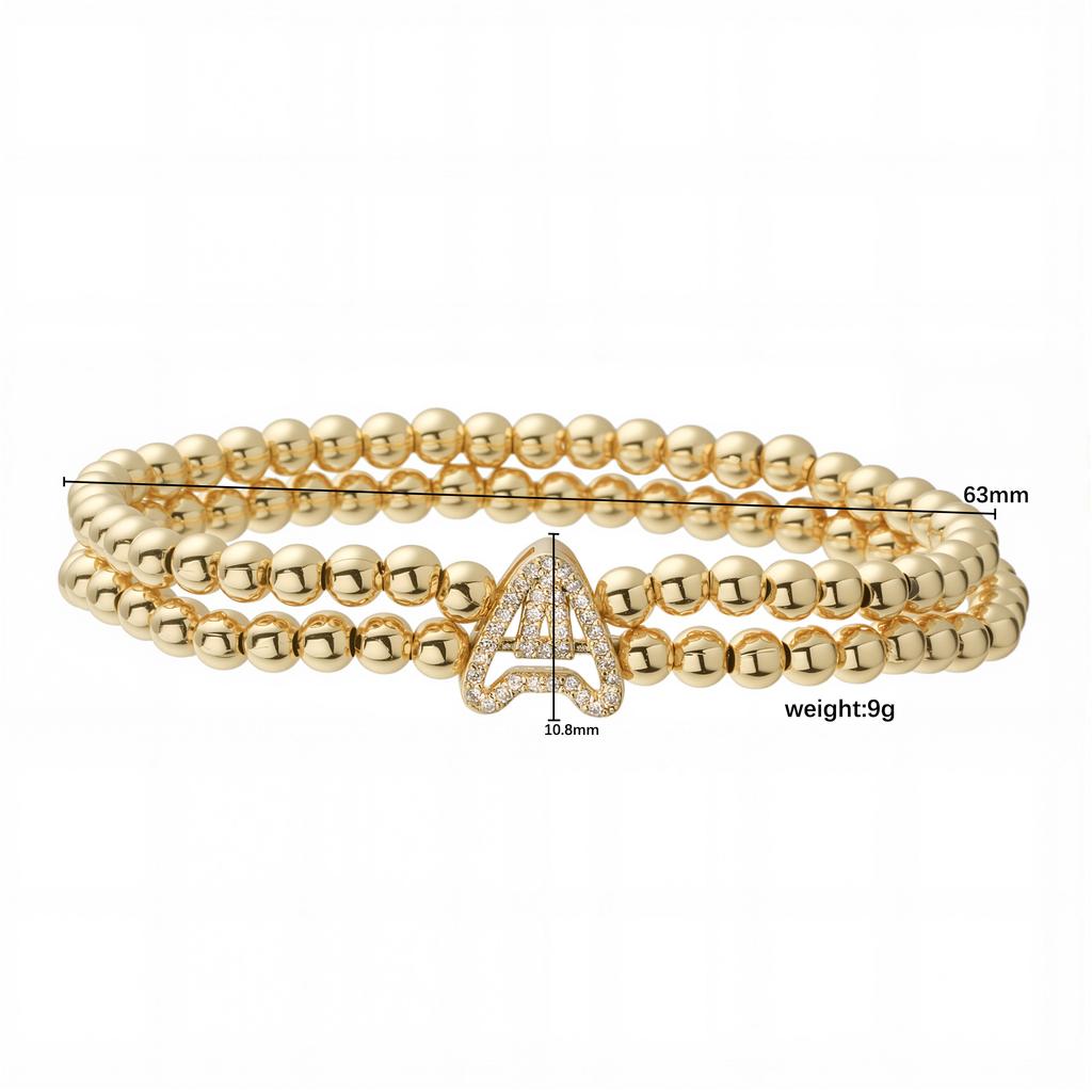 HECHENG,Copper Metal Initial A-Z Double layer Elastic Bead Bracelet Simple Fashion Personalized Neutral Zircon 1 Piece