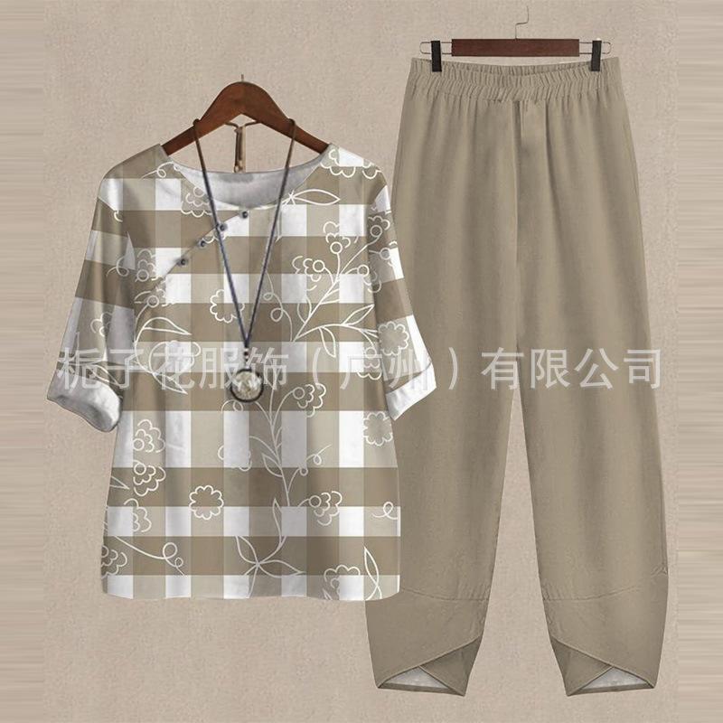 Europe beautiful women casual suit popular fashion summer new five-quarter sleeve printed top pants two-piece set