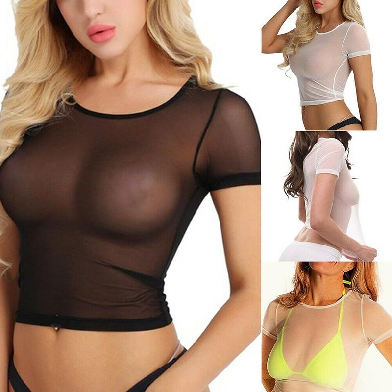See Womens Fashion Through Mesh Sheer Tank Crop Top Vest Tshirt Blouse Tee Tops