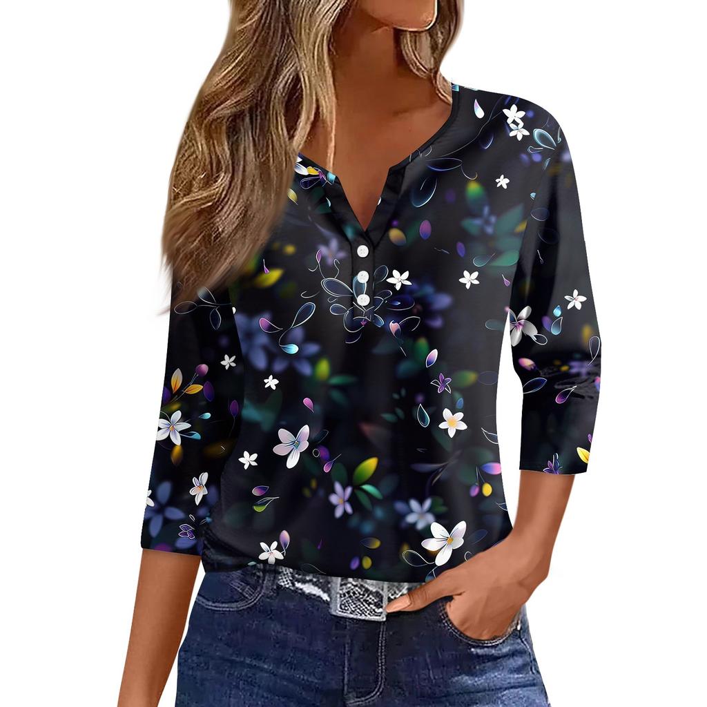 Жен. Футболка С принтом Пуговицы Рукав 3/4 Повседневные Выходные Мода Классический Классический V-образный вырез Обычный Верх