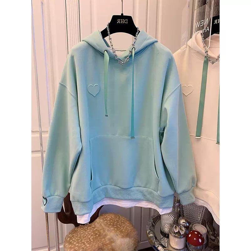 Любовь Толстовка с капюшоном Женская Осенняя Новинка Ложный Двойка Свободный Корейский Топ
