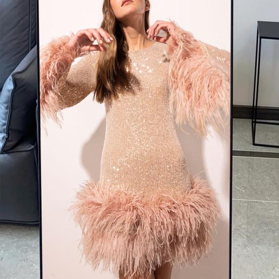 Женское вечернее платье с тонкой талией, пайетками и перьями, открытая спина, длинные рукава O