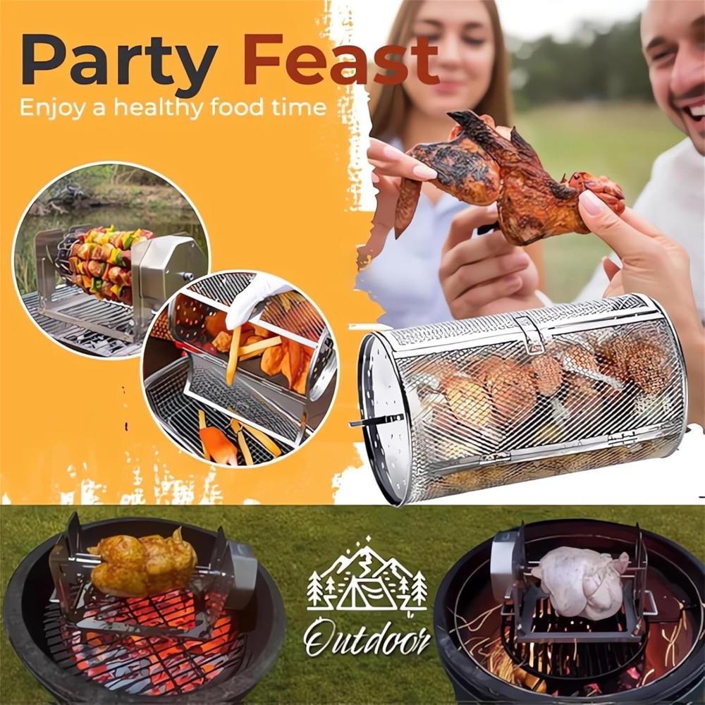 Stainless Steel Rotating Chicken Wing Basket with Automatic Rewind 360° Rotating BBQ Basket Outdoor BBQ Basket Set Gift