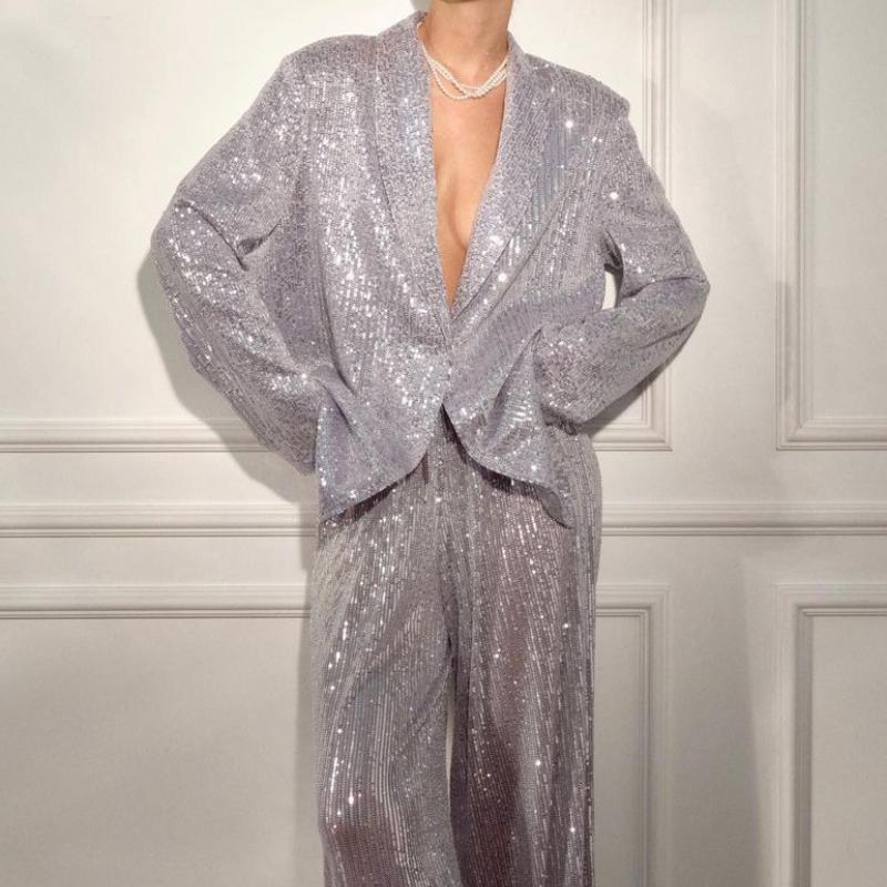 Элегантный пиджак с пайетками и брюками, комплект из 2 предметов, женское блестящее пальто с длинным рукавом и лацканами на одной пуговице, широкие брюки, новый подходящий костюм