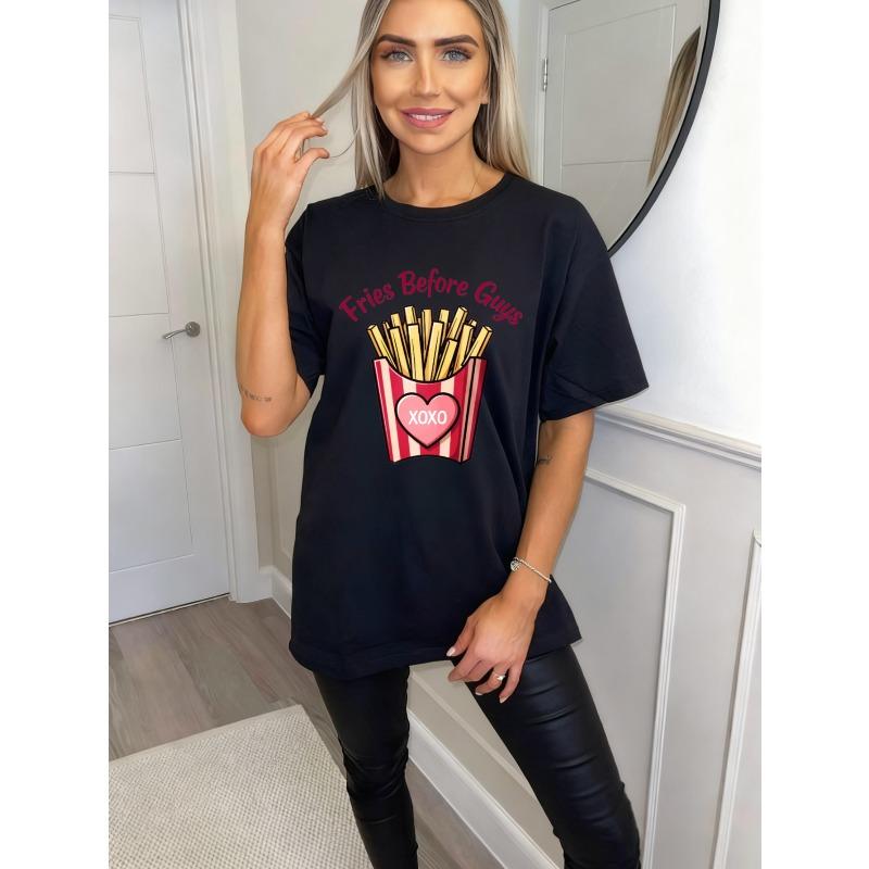 Oversized T Shirt Black Fries Before Guys Graphic With Heart XOXO Print Casual Wear For Women Summer Outfit Street Style Fashion Top