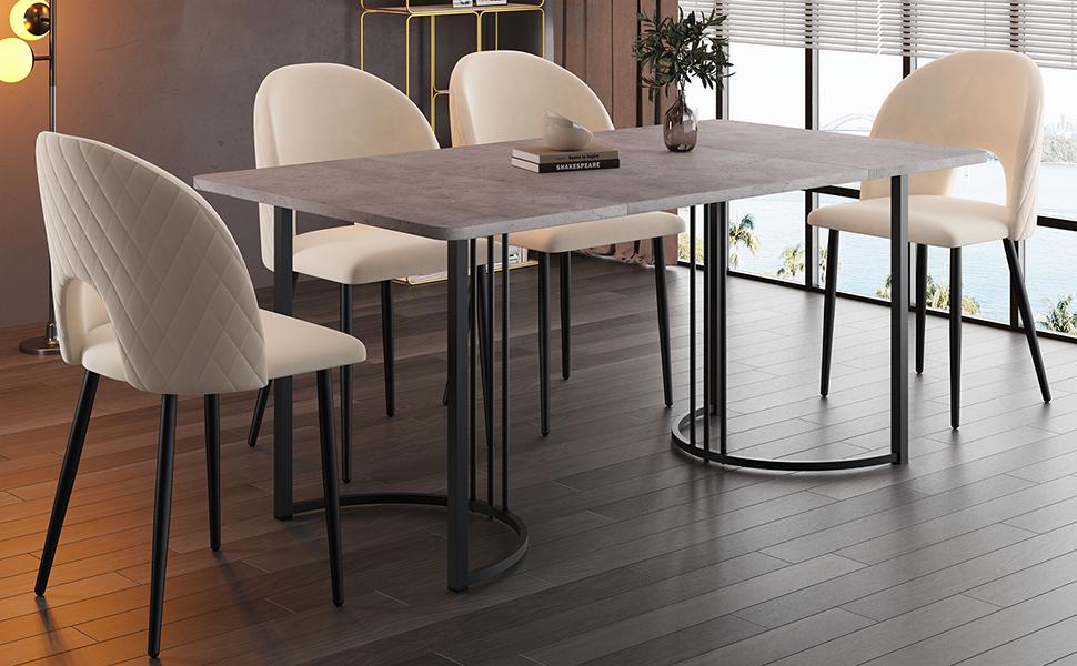 Dining Set, 140x80cm Dining Table with 4 Chairs, Velvet Dining Chair with Diamond Pattern, Beige Velvet, MDF Table Top in Grey, Black Table Legs