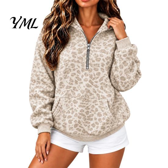 Casual Wear Hoodie Women Leopard Print Hoodie, Oversized Half Zip Hooded Sweatshirt with Long Sleeve Top Kangaroo Pocket, Fall Pullover