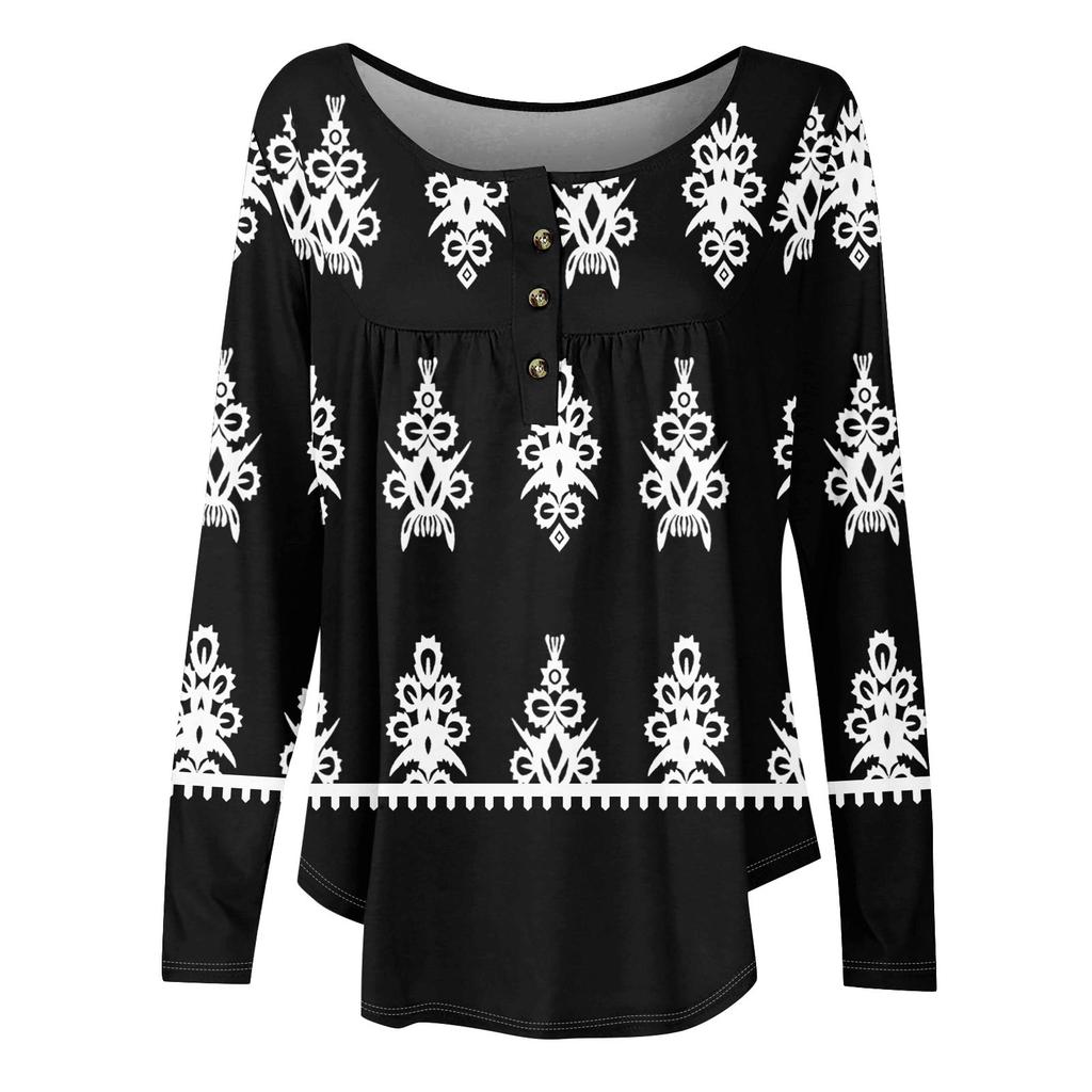 Женская туника с длинным рукавом, свободные топы, повседневные топы оверсайз, плиссированная туника, застегивающаяся на пуговицы, повседневные женские топы с принтом