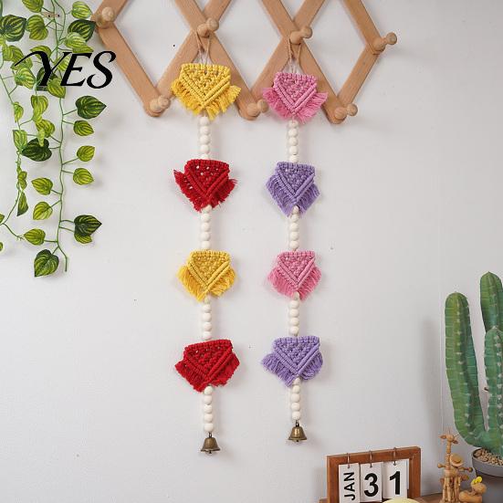 Bohemian Wall Art Braided Triangles Tapestry with Bell, Hanging Geometric Tapestry, Knotted Rope Hand-woven Pennant Wooden Beads for Home Nursery