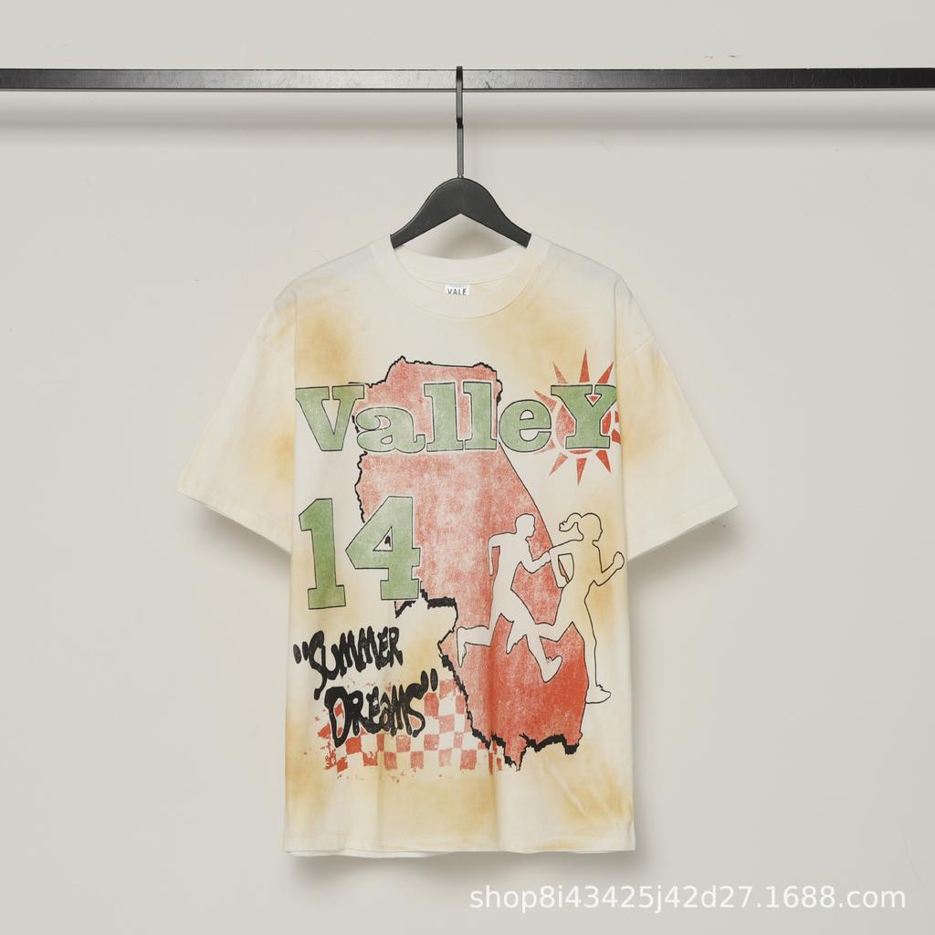 2025 American trendy brand Vall washed old printed short-sleeved hip-hop loose street fashion T-shirt for men and women
