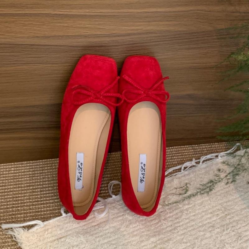 Gentle wind ballet ladyshoes flat shoes women's French candy color soft sole silver bow red shoes
