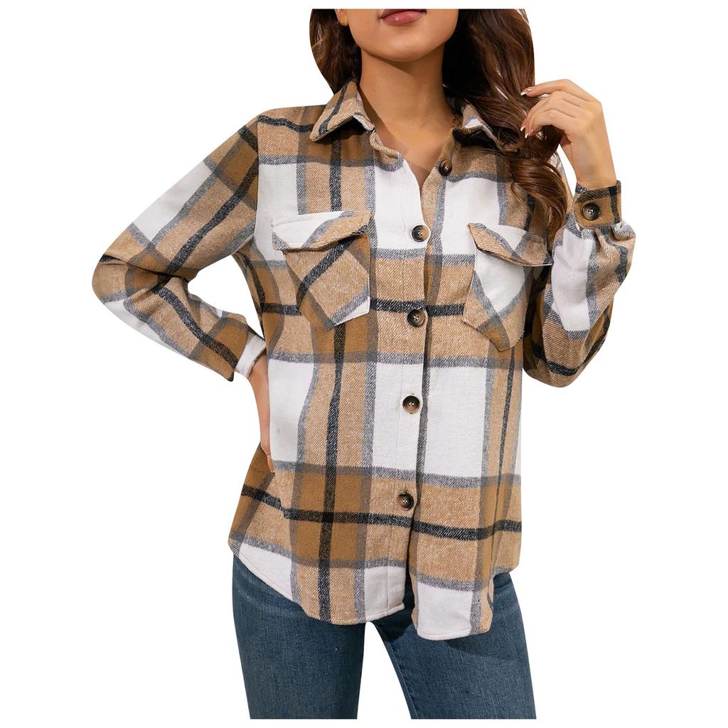 Модная женская повседневная свободная шерстяная плюшевая клетчатая куртка-рубашка с длинными рукавами