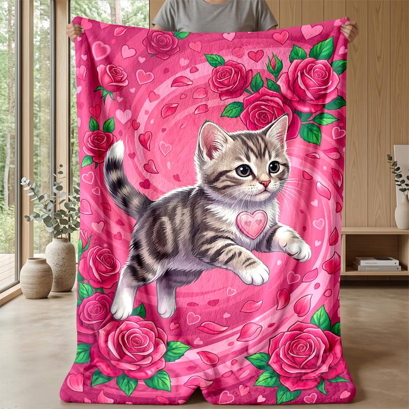 Kitten and Rubber Duck in Waves Theme blanket Lightweight Warm Flannel Blanket Decorative Throw Blanket for Home Decoration