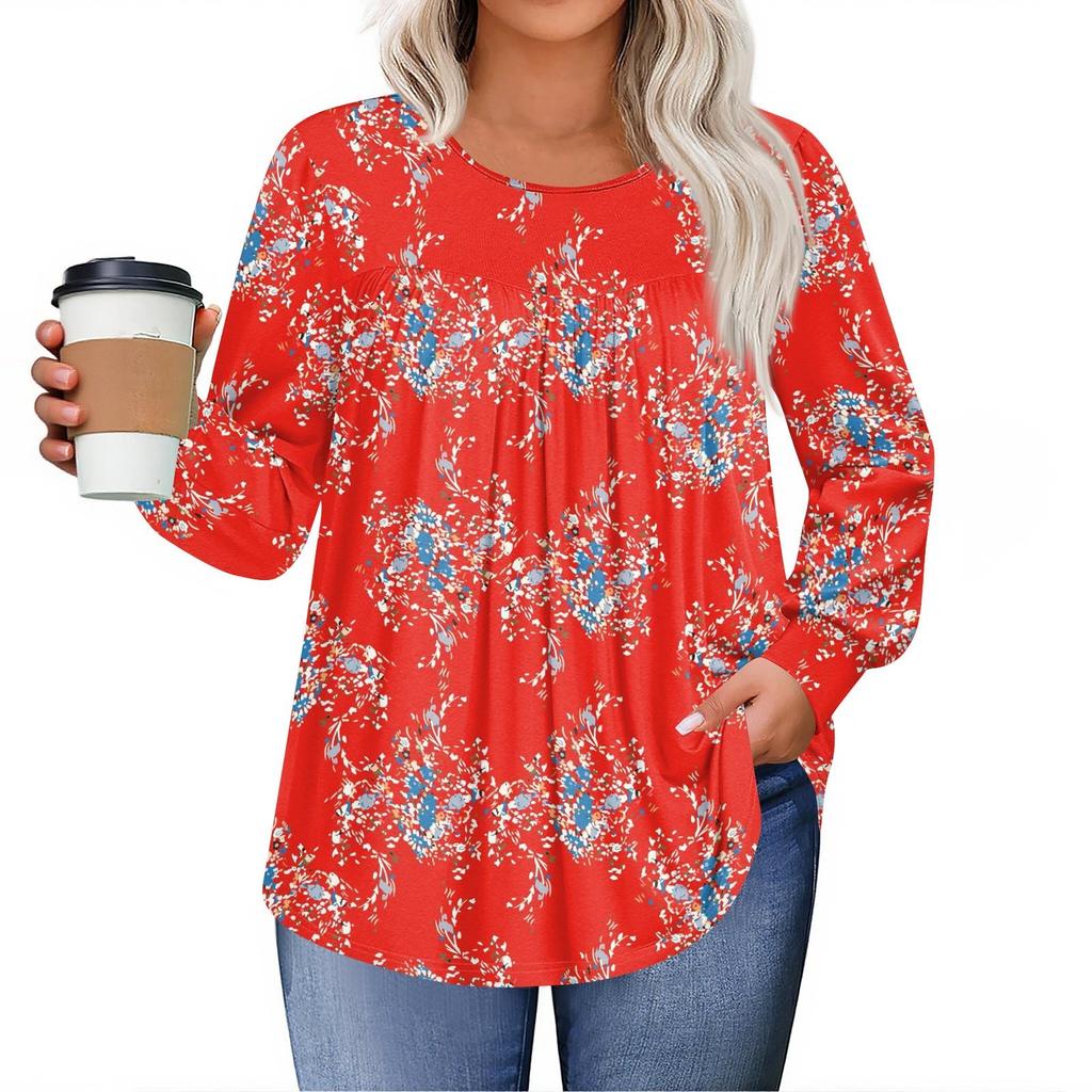 Womens Plus Size Tops Long Sleeve Shirts Round Neck Flowy Tunic Casual Loose Blouse L-5X